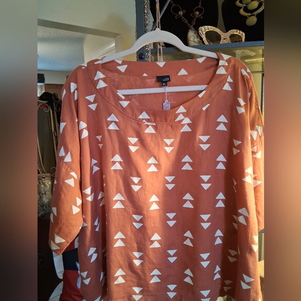 Rust Geometric 100% Linen Print Scoop Neck Top